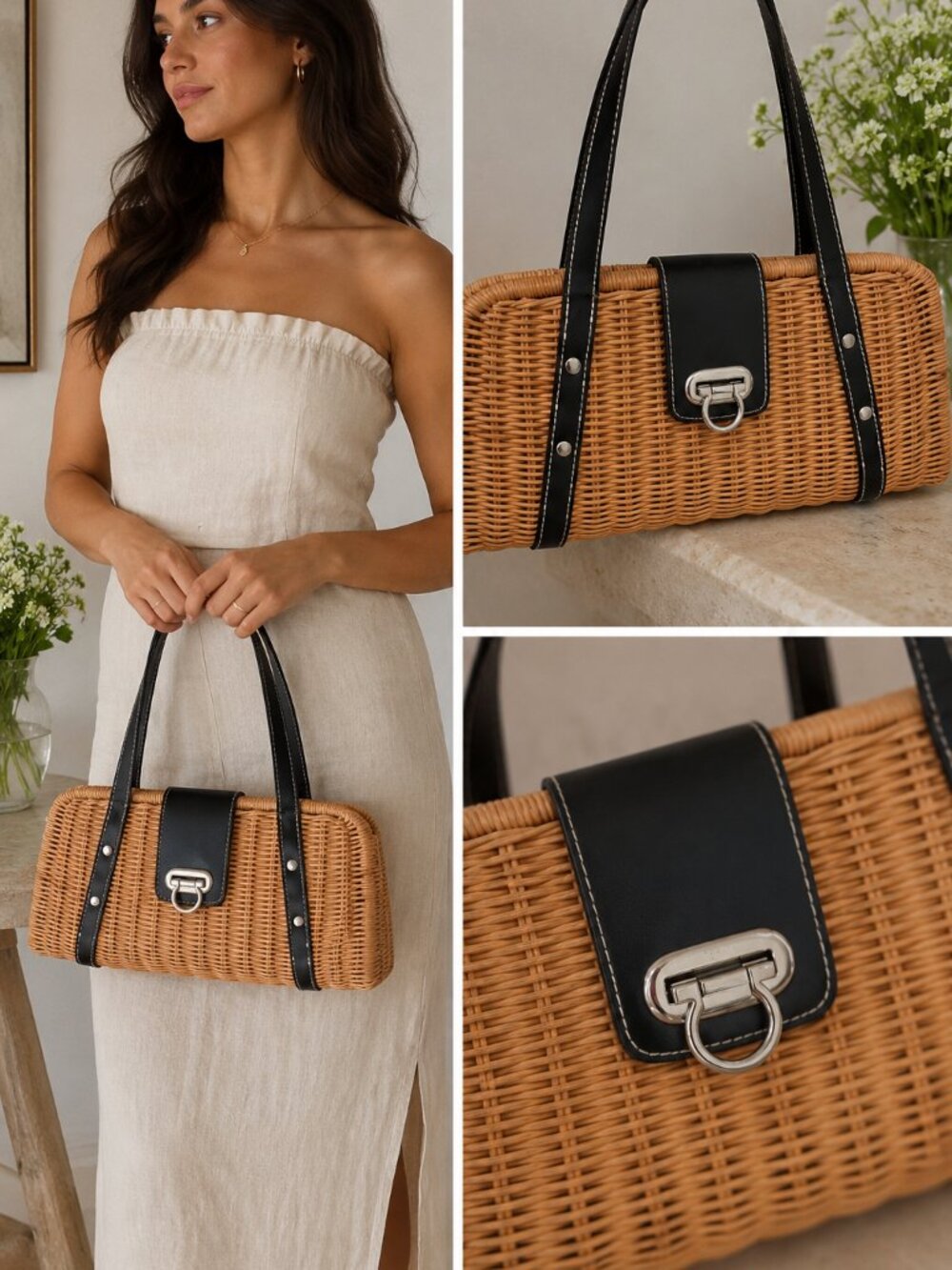 Vintage A. Giannetti Wicker Rattan Handbag Black Faux Leather Structured Purse